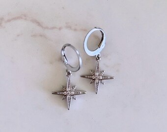 Star earrings, North Star charm, 304 stainless steel huggie hoops, dainty star huggie earrings, stainless steel earrings