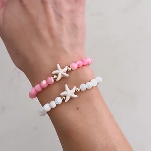 Starfish bracelet, Mother of Pearl bracelet, 14k gold filled bead, dainty stretch bracelet