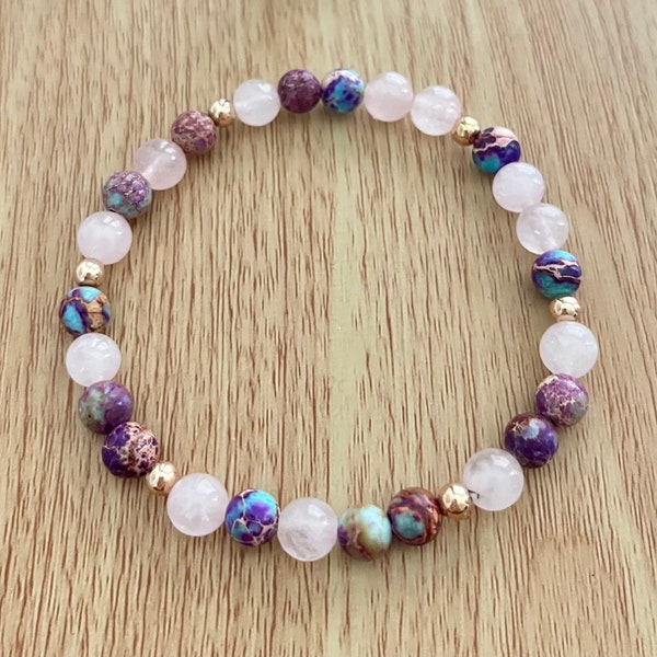 Rose Quartz and Purple Sea Sediment Jasper bracelet, 14k rose gold filled bead, dainty stretch bracelet