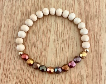 Autumn bracelet, fall bracelet, metallic bead bracelet, natural whitewood bead, dainty stretch bracelet