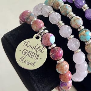 Thankful Grateful Blessed, silver charm bracelet, gemstone bracelet, beaded stretch bracelet