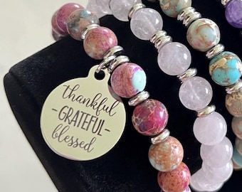 Thankful Grateful Blessed, silver charm bracelet, gemstone bracelet, beaded stretch bracelet