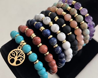 Tree of life bracelet, gold tree of life charm, gemstone bracelet, stretch bracelet