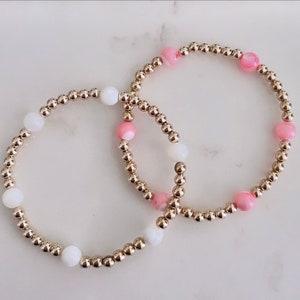Mother of Pearl bracelet, 14k gold filled bead, dainty stretch bracelet