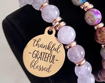 Thankful Grateful Blessed, Rose Gold charm bracelet, beaded stretch bracelet