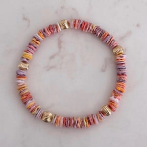 Heishi Shell Bracelet, Rainbow Pectin Shell Heishi, wavy shell heishi, 14k gold filled corrugated bead, dainty stretch bracelet
