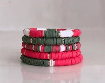 Christmas bracelets, Christmas heishi bracelets, Christmas jewelry, gold spacer discs, stretch bracelet