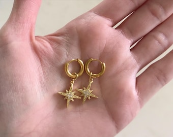 Star earrings, North Star charm, 316L hypoallergenic surgical stainless steel hoop earrings, dainty star huggie earrings