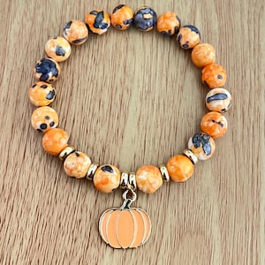 Pumpkin bracelet, fall bracelet, Halloween bracelet, orange and blue black rain flower jade bead, stretch bracelet