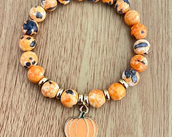 Pumpkin bracelet, fall bracelet, Halloween bracelet, orange and blue black rain flower jade bead, stretch bracelet