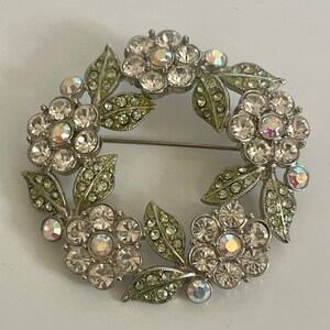 Green Crystal Rhinestone Floral Brooch Pin Sustainable Jewelry