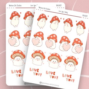 Feuille d'autocollants Love You Toddy | Adorable feuille d'autocollants en forme de champignon pour journaux, agendas, albums de scrapbooking et plus encore