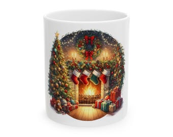 Pode incluir: Caneca de cerâmica branca com uma cena natalícia festiva. O design inclui uma árvore de Natal decorada, uma lareira com meias, uma grinalda e presentes embrulhados. A obra de arte é colorida e detalhada, evocando um ambiente acolhedor.