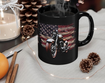 Distressed American Flag Motorcycle Mug | Black Ceramic Coffee Mug 110z/150z
