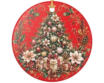 Vintage Christmas Tree Ornament Ceramic Decoration, Round Holiday Bauble