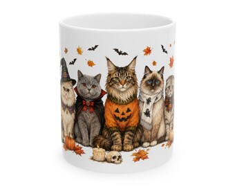 Halloween Cats Mug | Spooky Kitty Pumpkin, Autumn Leaves, Bat Accent