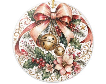 Vintage Jingle Bells Holly Wreath Ornament | Ceramic Heart Holiday Decoration