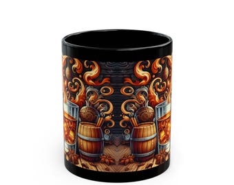 Spiced Whiskey Glass and Barrel Illustration Mug | Black Ceramic Coffee Cup