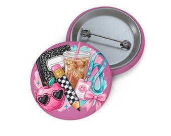 Kawaii School Supplies Collage Pin Button | Cute Stationery Badge