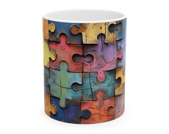 Colorful Puzzle Pieces Mug | Jigsaw Pattern Ceramic Coffee Cup