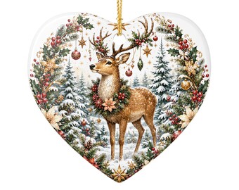 Christmas Reindeer Heart Ornament | Ceramic Holiday Tree Decoration