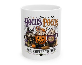 Hocus Pocus I Need Coffee to Focus Mug | Halloween Pumpkin Witch Brew