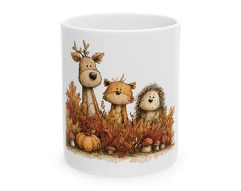 Woodland Friends Fall Illustration Mug | Autumn Fox Deer Hedgehog Ceramic Mug