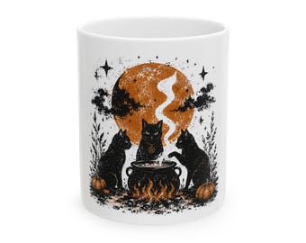 Black Cats Brewing Cauldron Mug | Halloween Witchy Cat Coffee Cup