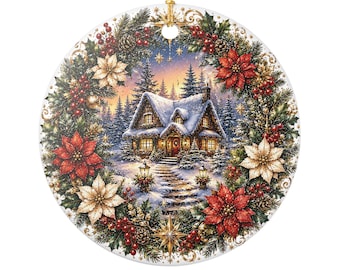 Snowy Cottage Poinsettia Wreath Ceramic Ornament | Christmas Tree Decoration