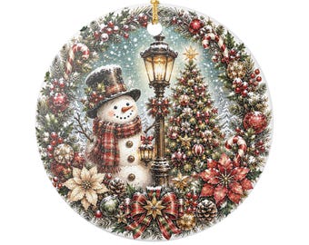 Snowman by Lamppost Ceramic Ornament | Christmas Holiday Tree Decoration