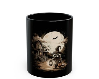 Raccoon Trick-or-Treat Halloween Mug | Black Ceramic