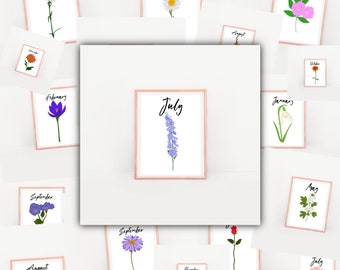 Birth Month Flower Prints for Framing, Floral Wall Art, Birthday Gifts for Her, Birth Flower Wall Decor, Anniversary Gifts for Couple