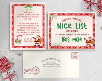 Letter From Santa and Envelope, Official Nice List Certificate, Personalized Santa Letters to Kids, 2023 Official Letter Mailed from Santa