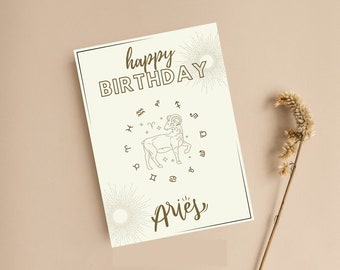 Astrology Birthday Card  - Sunburst and Minimalist Design, For Her/Him Birthday | Birthday Card, Printable | Invite Instant Digital Download
