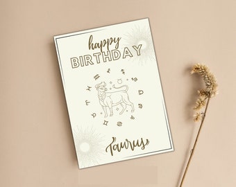 Astrology Birthday Card  - Sunburst and Minimalist Design, For Her/Him Birthday | Birthday Card, Printable | Invite Instant Digital Download