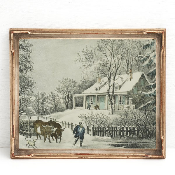 Instant Download, Winter Scene Painting, Snow Storm digital Print, Vintage Cow Painting, Antique Homestead painting,  Winter Sleigh Print