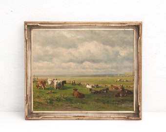 Cow Pasture Landscape Painting, Rustic Cow Print, Vintage Digital Print