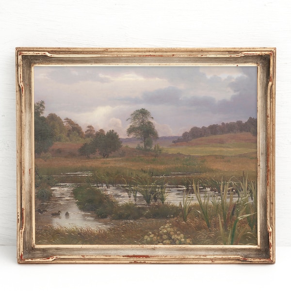 peinture d'étang vintage, impression d'étang antique, paysage du 19ème siècle, impression d'art