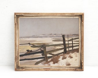 Antique Winter Fence Painting, Vintage Winter Landscape Print, Printable Rustic Fence Landscape