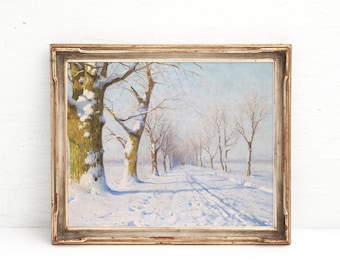 VIntage Winter Landscape Print, Antique Winter Painting, Winter Country Road digital print