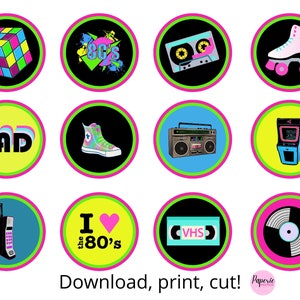 80s cupcake toppers, 80s theme cupcake topper, 80s party decorations, Retro cupcake topper, Neon party decor, Back to the 80's