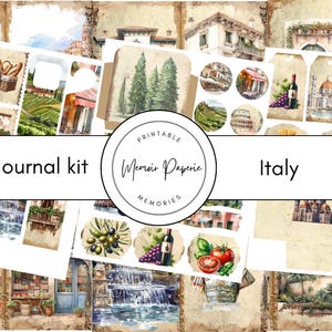 Peut inclure: Un kit de journal intime imprimable sur le thème de l'Italie. Le kit comprend diverses illustrations à l'aquarelle de monuments, de nourriture et de paysages italiens. Le texte "Junk journal kit" et "Italy" sont affichés.