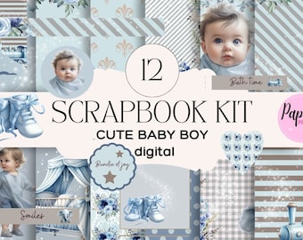 Baby boy scrapbook kit printable baby boy digital scrapbook kit printable papers embellishments baby boy