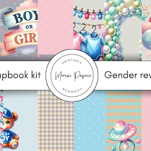 Gender reveal plakboekkit en versieringen, babyshower plakboekkit, plakboekkit meisje of jongen, gender reveal junk journal kit