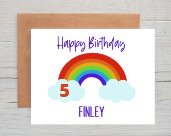 Carte d'anniversaire arc-en-ciel personnalisée pour les enfants, carte d'anniversaire nom et âge pour les enfants, carte d'anniversaire personnalisée, carte d'anniversaire arc-en-ciel mignonne