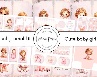 May include: A junk journal kit with a cute baby girl theme. The kit includes various pink and white patterned papers, stickers, and illustrations of baby girls, toys, and accessories. The text "Junk journal kit" and "Cute baby girl" are displayed.