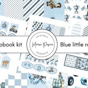 Junge Rennauto Scrapbook Kit, Blaues Rennauto Scrapbook Papier und Verzierungen digital, Rennauto Scrapbook Set zum ausdrucken