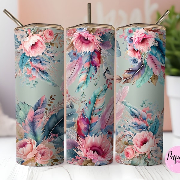 Feather boho tumbler wrap png sublimation design Boho feather roses 20oz skinny tumbler png design