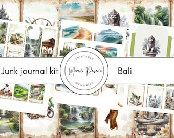 Puede incluir: Un kit imprimible de diario basura con temática de Bali. El kit presenta ilustraciones en acuarela de templos, cascadas, playas y estatuas balinesas. El texto "Junk journal kit" y "Bali" se muestra en la imagen.