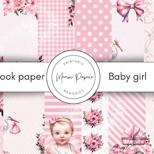 Papel para scrapbooking de bebê menina, papel digital para scrapbook de bebê menina, papel para scrapbook imprimível, papel rosa para scrapbook